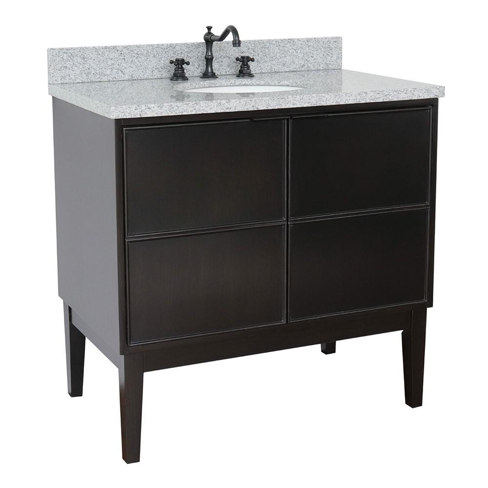 37 Single vanity in Cappuccino finish with Gray granite top and oval sink. Picture 1