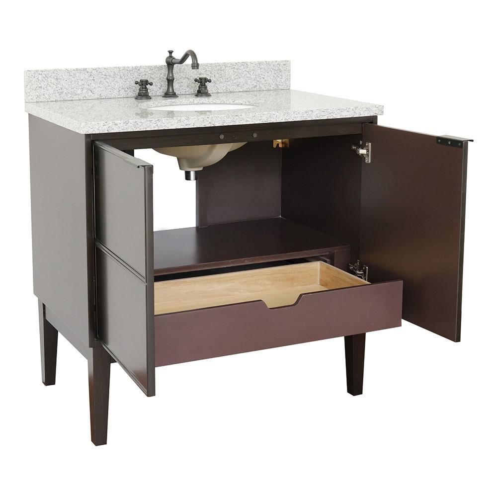 37 Single vanity in Cappuccino finish with Gray granite top and oval sink. Picture 5