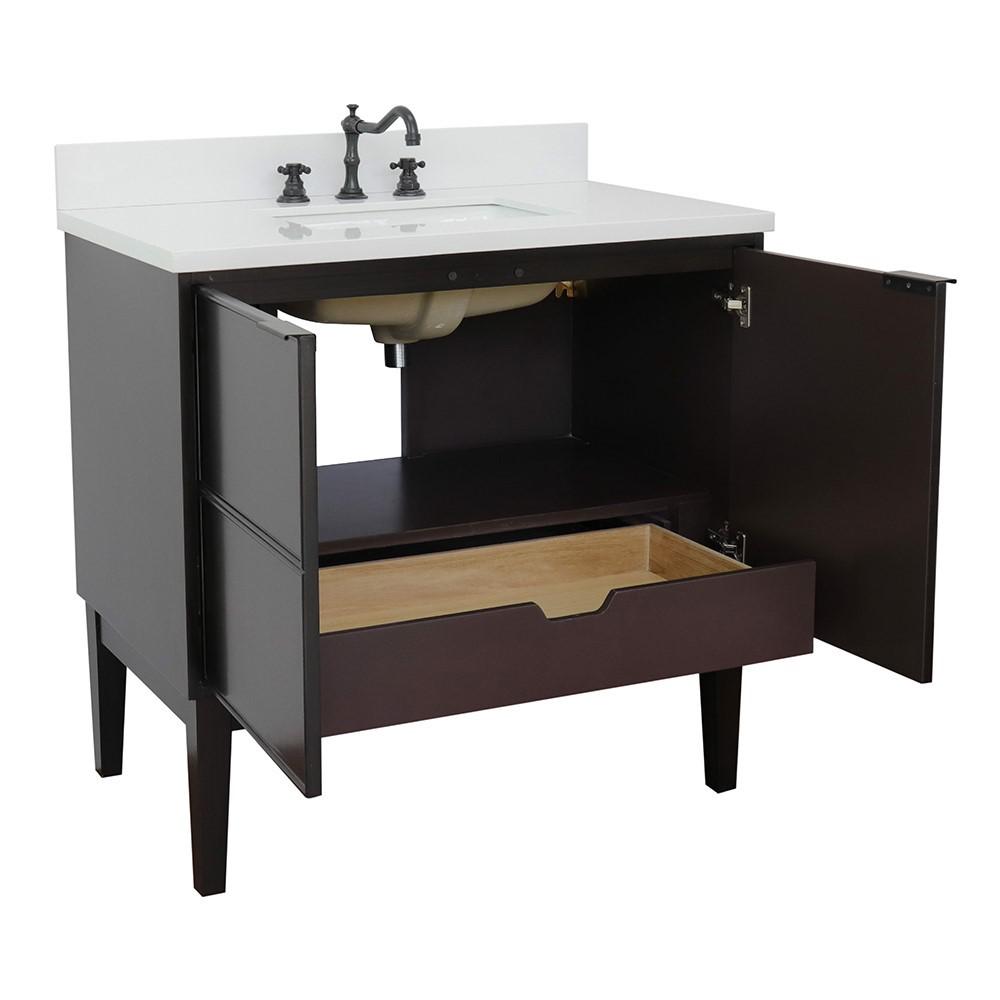 37 Single vanity in Cappuccino finish with White Quartz top and rectangle sink. Picture 6