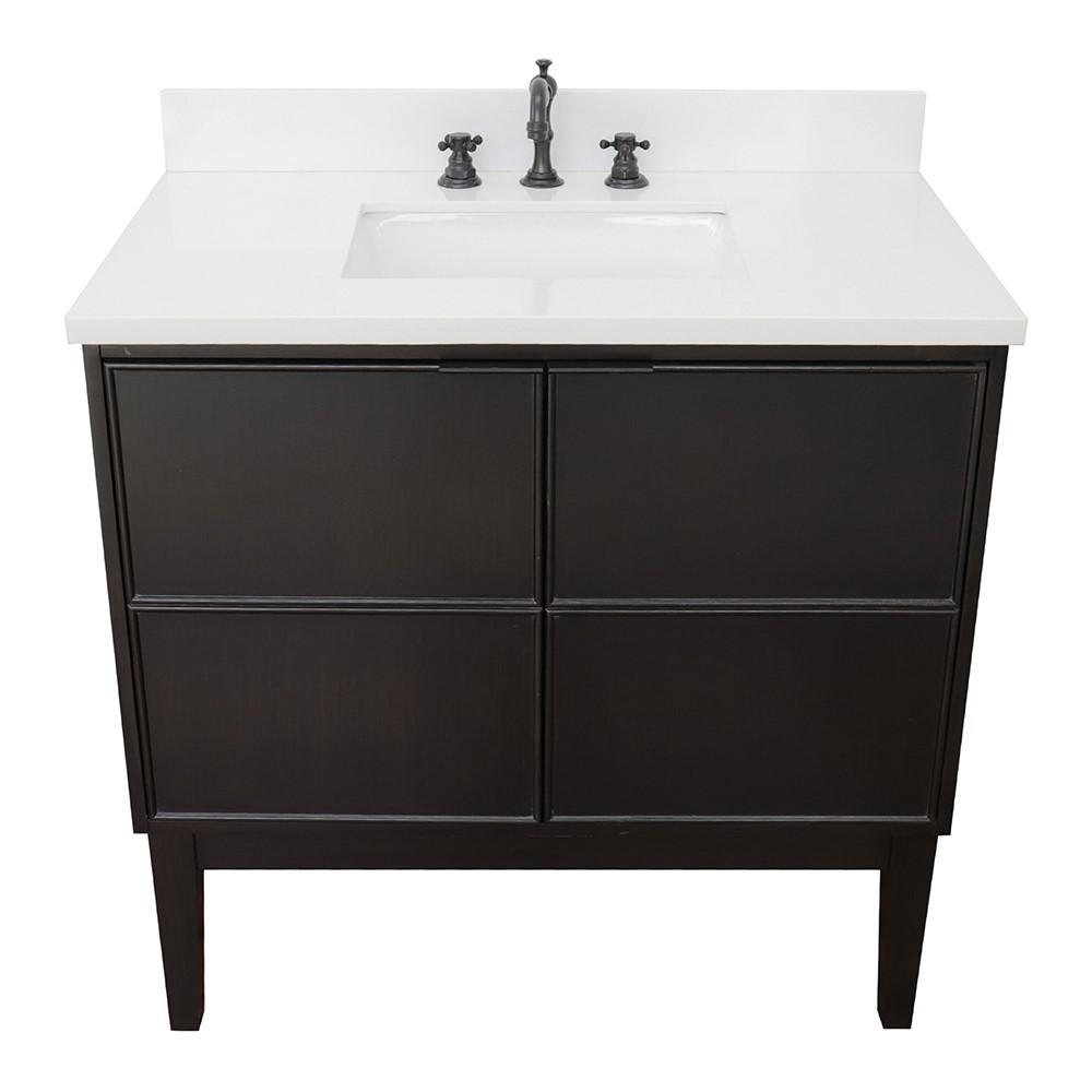 37 Single vanity in Cappuccino finish with White Quartz top and rectangle sink. Picture 8