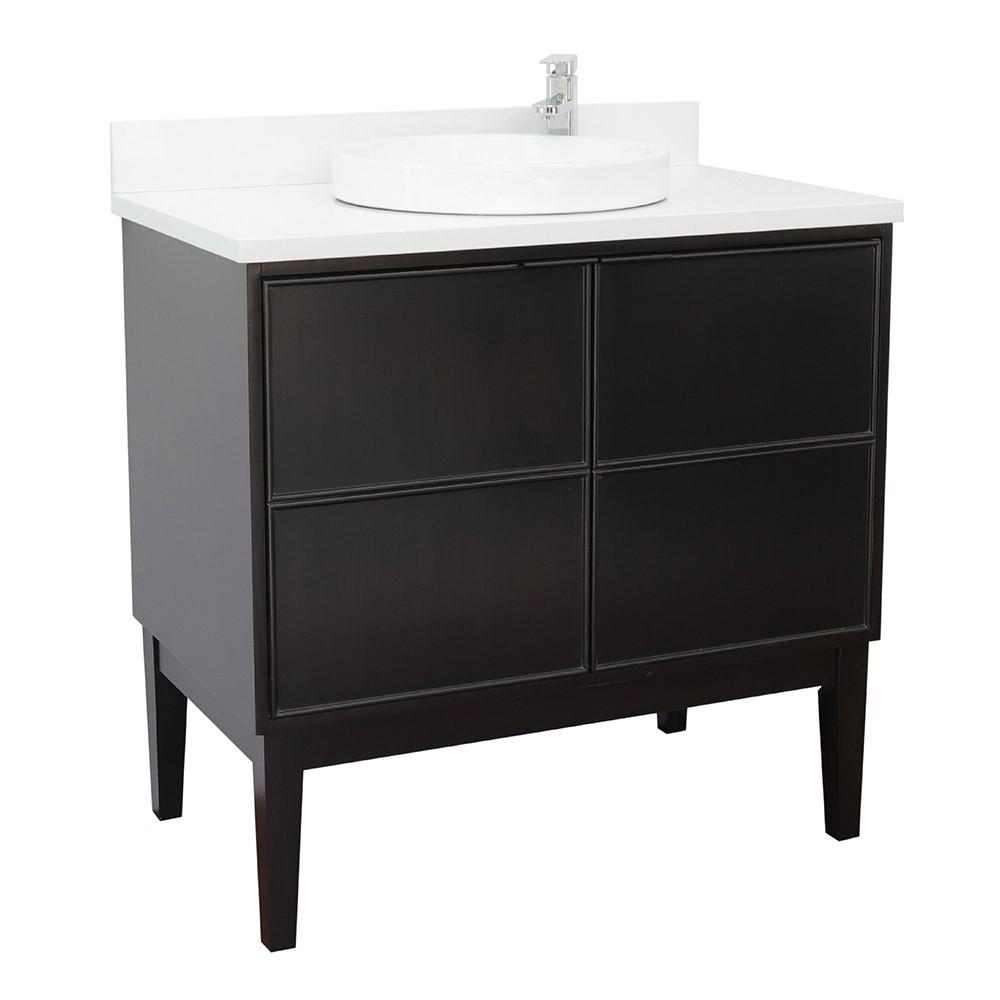 37 Single vanity in Cappuccino finish with White Quartz top and rectangle sink. Picture 1