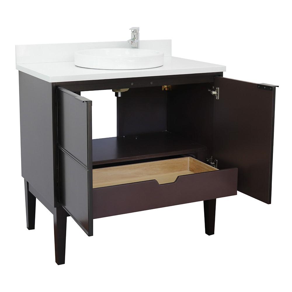 37 Single vanity in Cappuccino finish with White Quartz top and rectangle sink. Picture 15