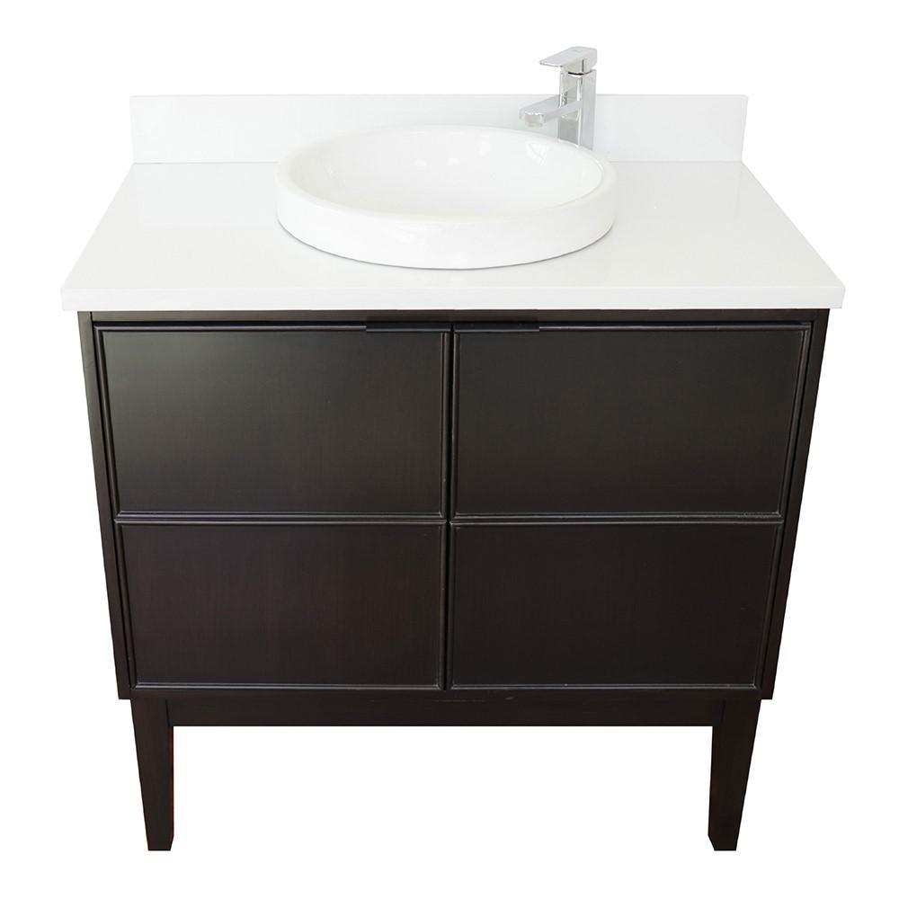 37 Single vanity in Cappuccino finish with White Quartz top and rectangle sink. Picture 17