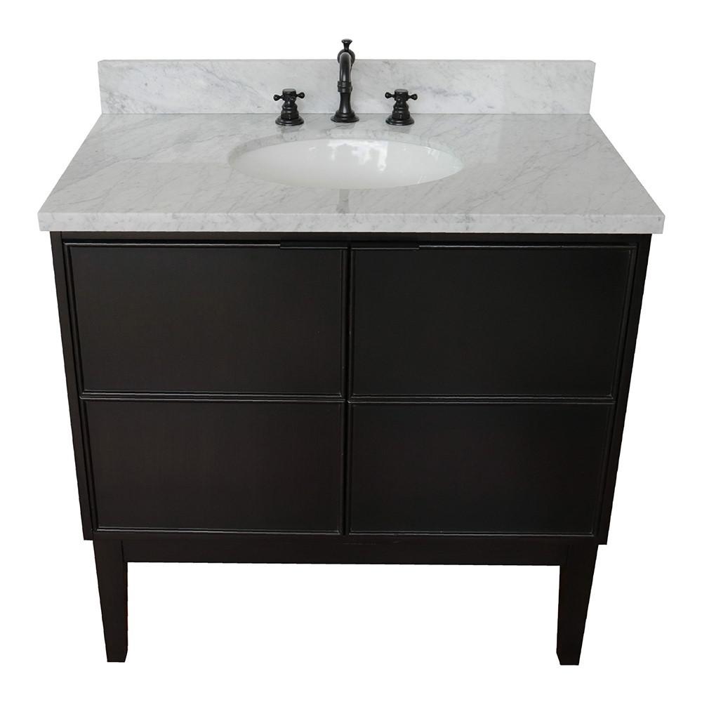37 Single vanity in Cappuccino finish with White Carrara top and oval sink. Picture 7