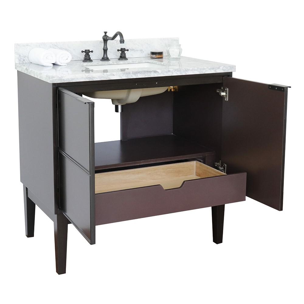 37 Single vanity in Cappuccino finish with White Carrara top and rectangle sink. Picture 6