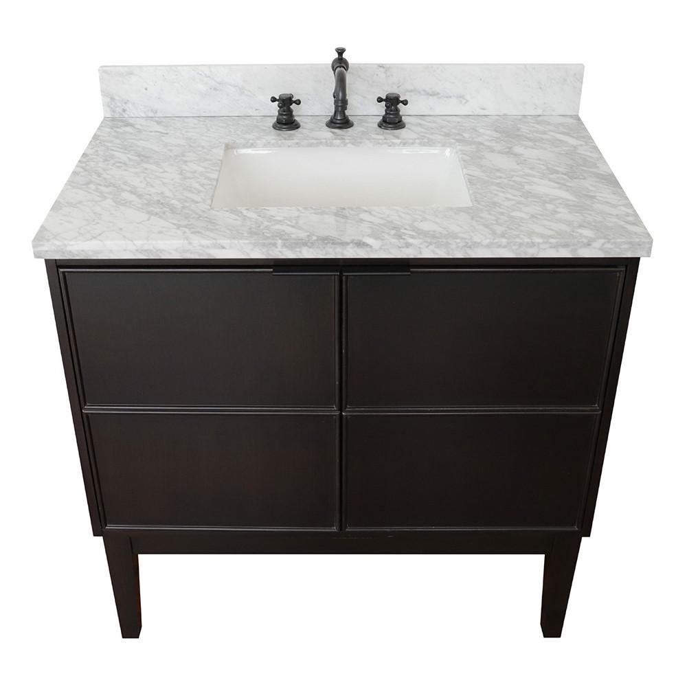 37 Single vanity in Cappuccino finish with White Carrara top and rectangle sink. Picture 8