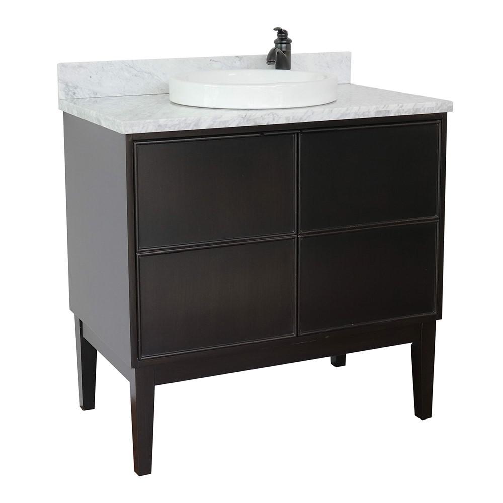 37 Single vanity in Cappuccino finish with White Carrara top and rectangle sink. Picture 1