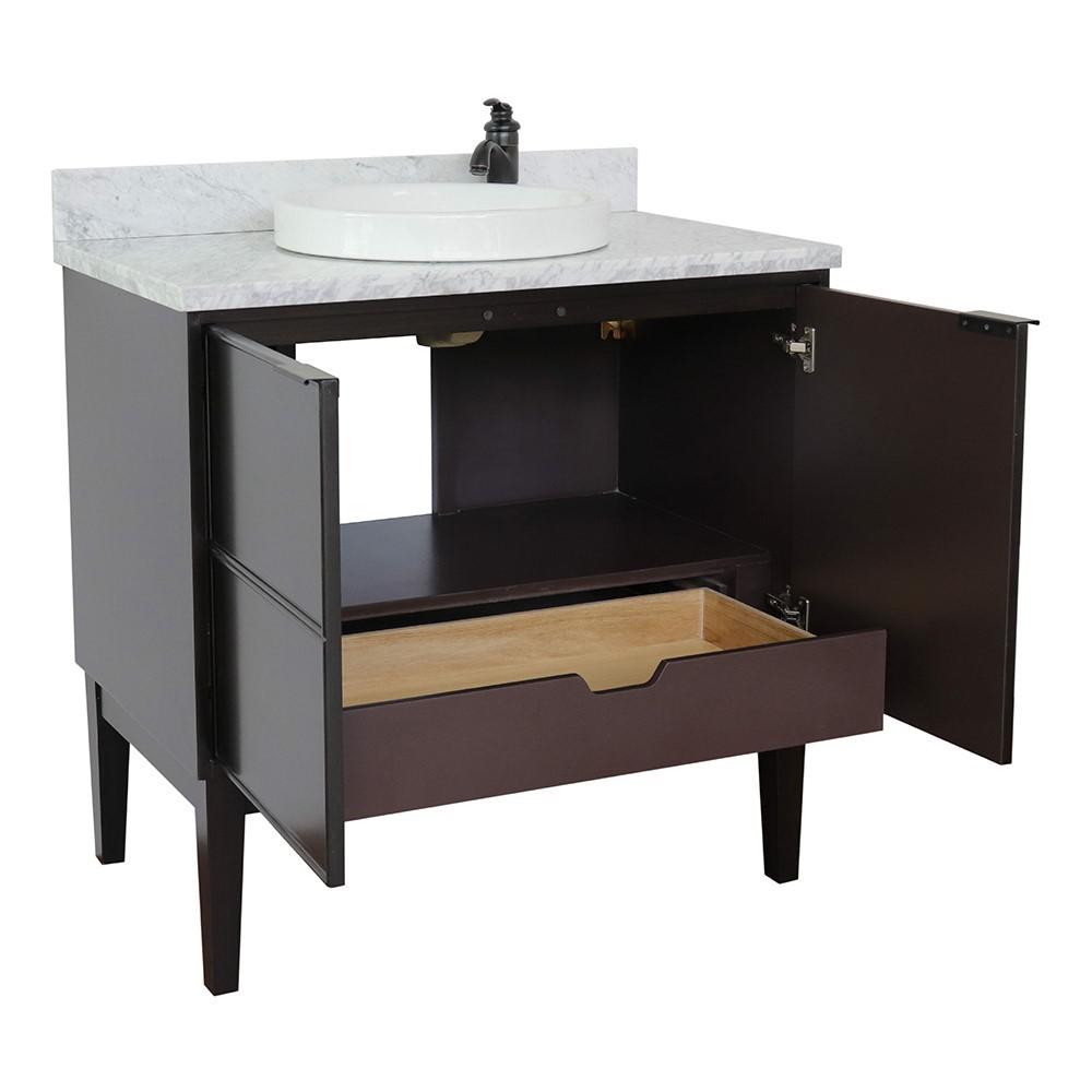 37 Single vanity in Cappuccino finish with White Carrara top and rectangle sink. Picture 15