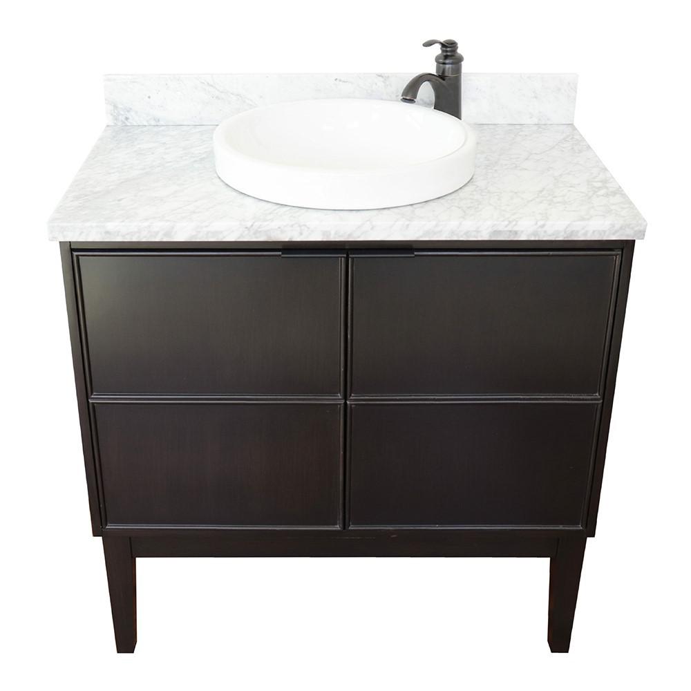 37 Single vanity in Cappuccino finish with White Carrara top and rectangle sink. Picture 17