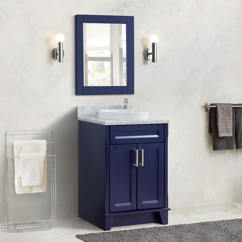 25 Single sink vanity in Blue finish with White Carrara marble and round sink. Picture 2