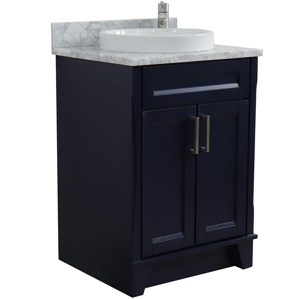 25 Single sink vanity in Blue finish with White Carrara marble and round sink. Picture 3