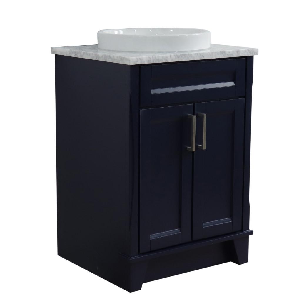 25 Single sink vanity in Blue finish with White Carrara marble and round sink. Picture 4