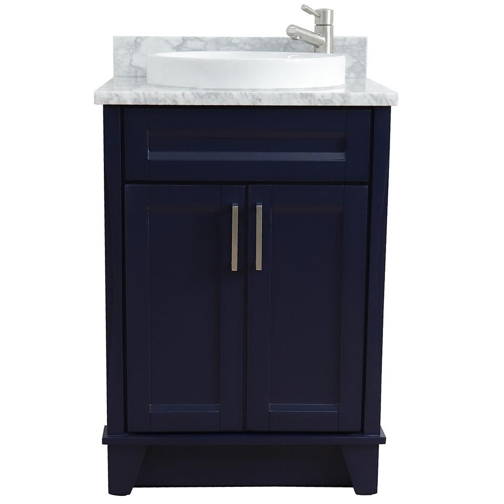 25 Single sink vanity in Blue finish with White Carrara marble and round sink. Picture 6