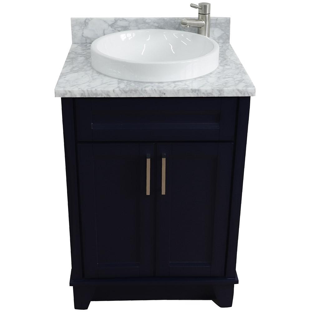 25 Single sink vanity in Blue finish with White Carrara marble and round sink. Picture 9