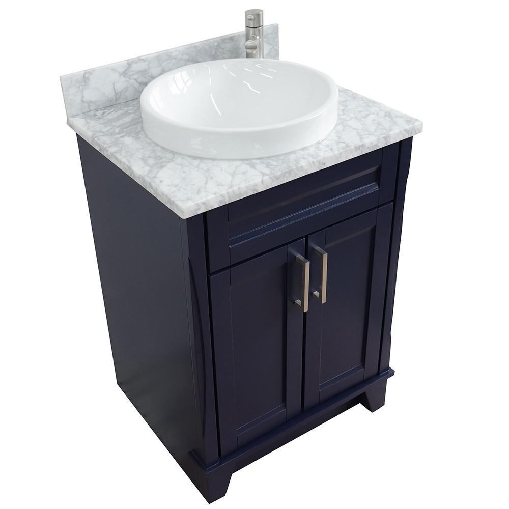 25 Single sink vanity in Blue finish with White Carrara marble and round sink. Picture 10