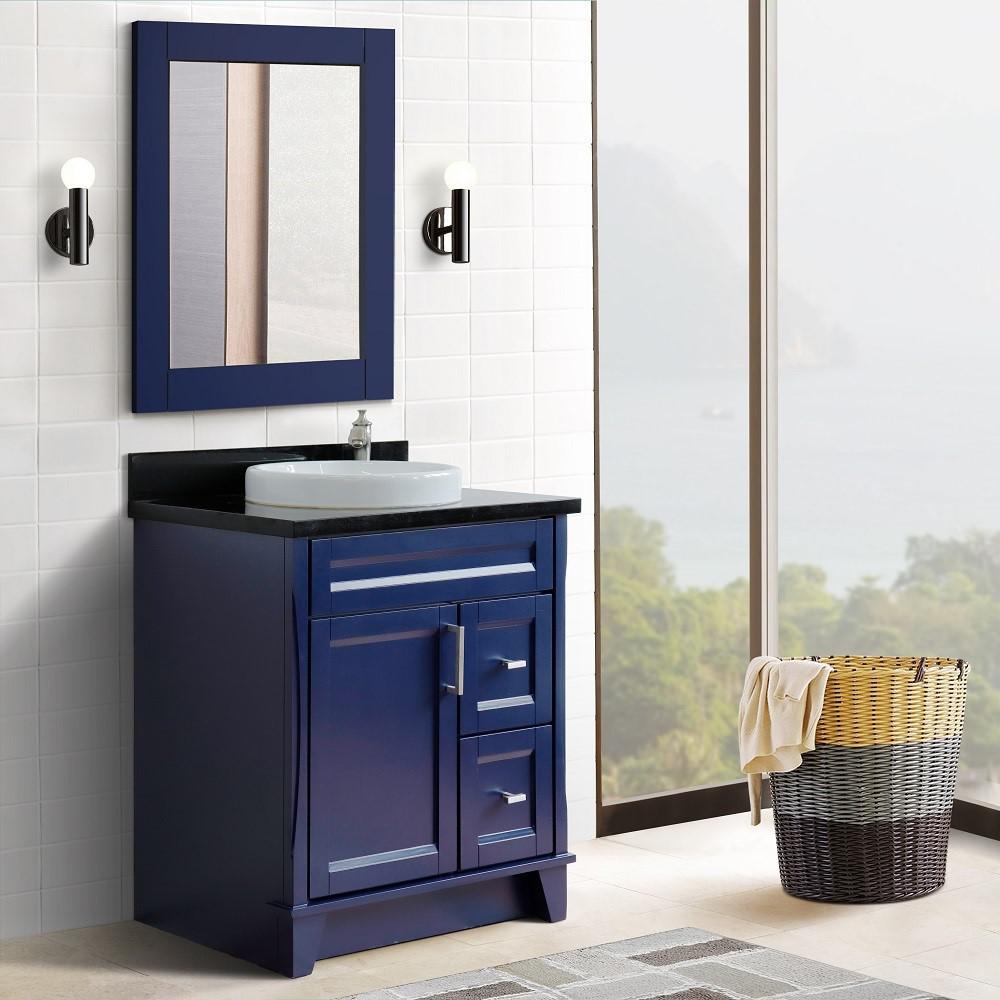 31 Single sink vanity in Blue finish with Black galaxy granite with round sink. Picture 2