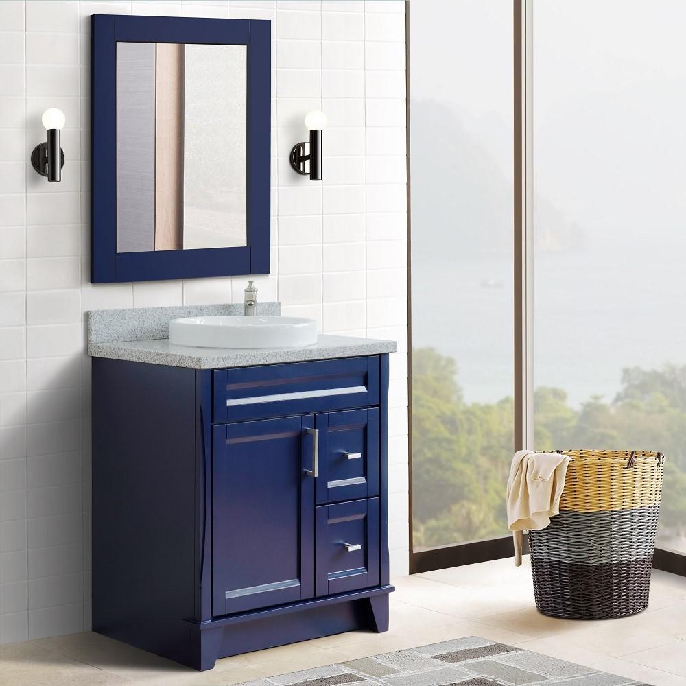 31 Single sink vanity in Blue finish with Gray granite with round sink. Picture 2