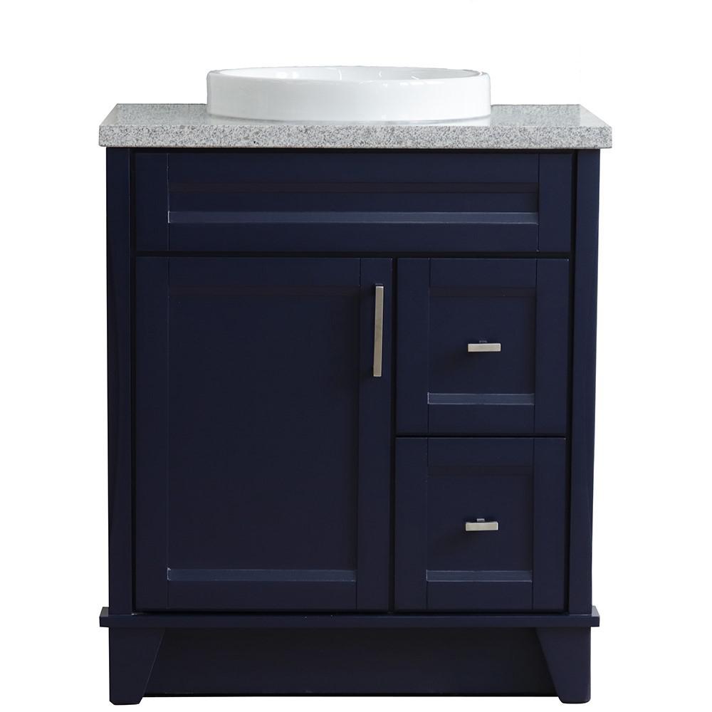 31 Single sink vanity in Blue finish with Gray granite with round sink. Picture 6