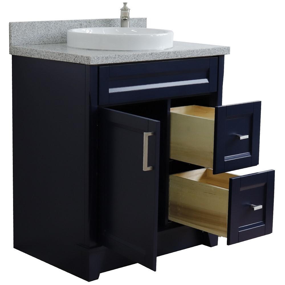 31 Single sink vanity in Blue finish with Gray granite with round sink. Picture 8