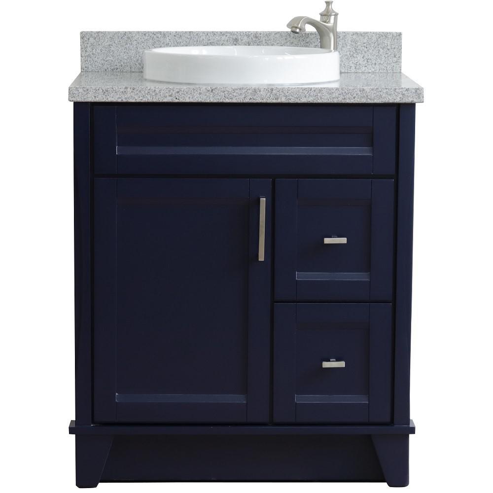 31 Single sink vanity in Blue finish with Gray granite with round sink. Picture 9
