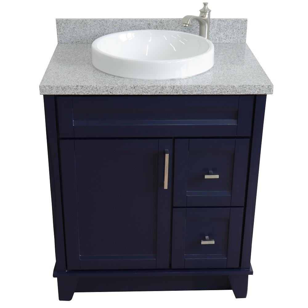 31 Single sink vanity in Blue finish with Gray granite with round sink. Picture 12