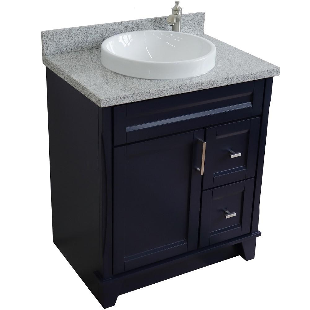 31 Single sink vanity in Blue finish with Gray granite with round sink. Picture 13