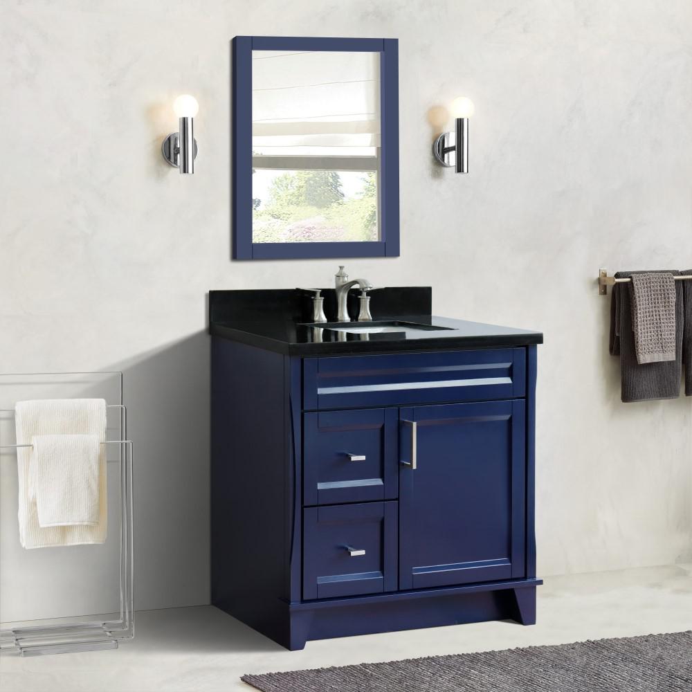 Single sink vanity in Blue with Black galaxy granite and rectangle sink. Picture 15