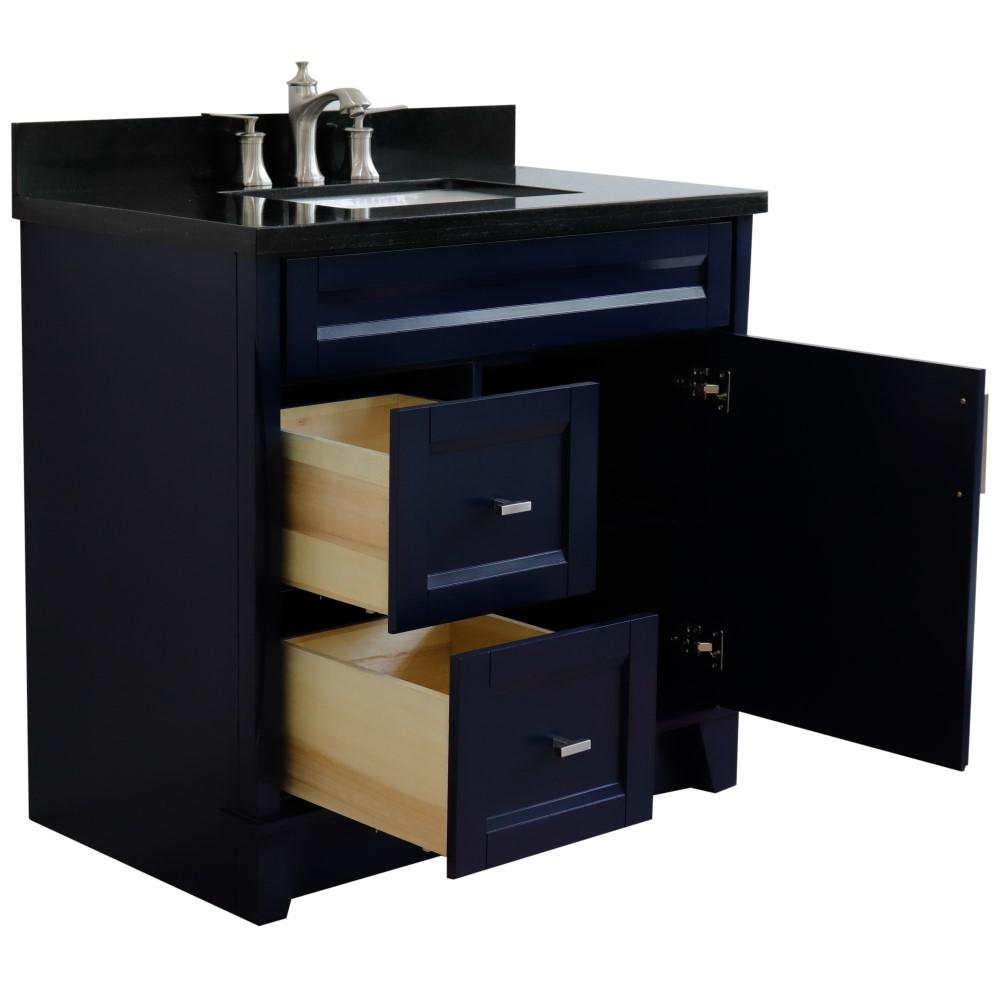 Single sink vanity in Blue with Black galaxy granite and rectangle sink. Picture 20