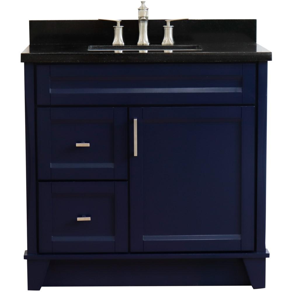 Single sink vanity in Blue with Black galaxy granite and rectangle sink. Picture 21