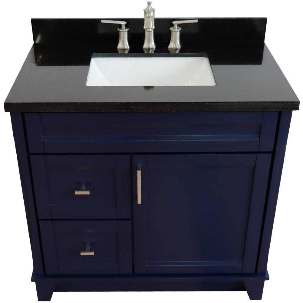 Single sink vanity in Blue with Black galaxy granite and rectangle sink. Picture 23