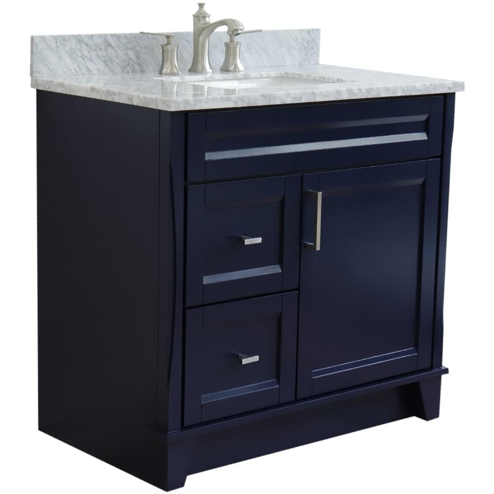 Single sink vanity in Blue with White Carrara marble and rectangle sink. Picture 18