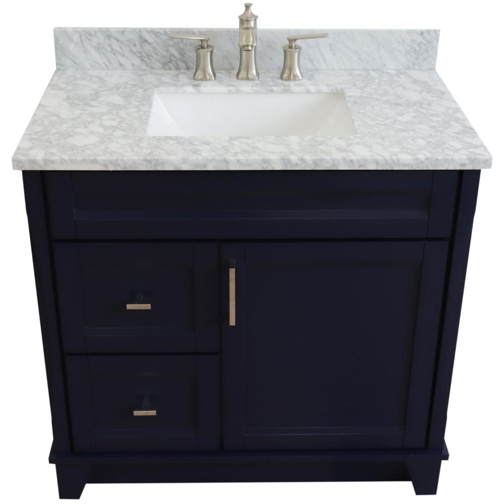 Single sink vanity in Blue with White Carrara marble and rectangle sink. Picture 22