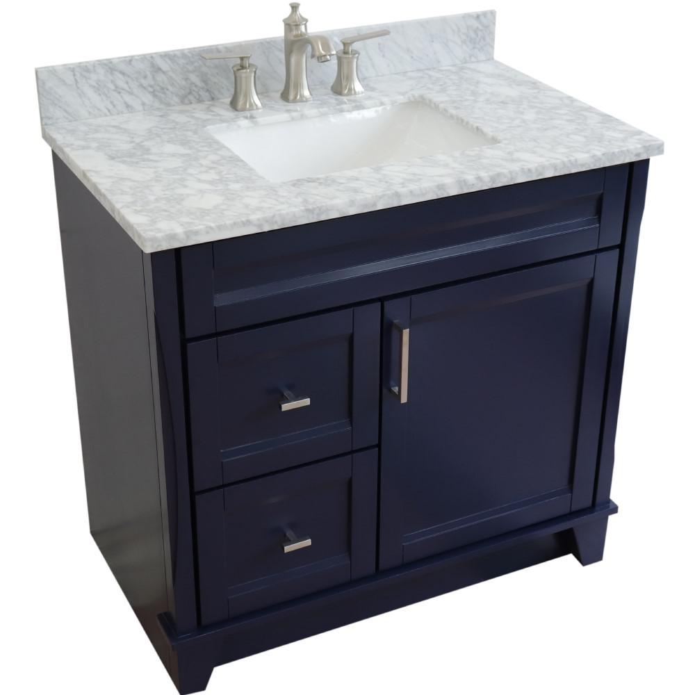Single sink vanity in Blue with White Carrara marble and rectangle sink. Picture 23