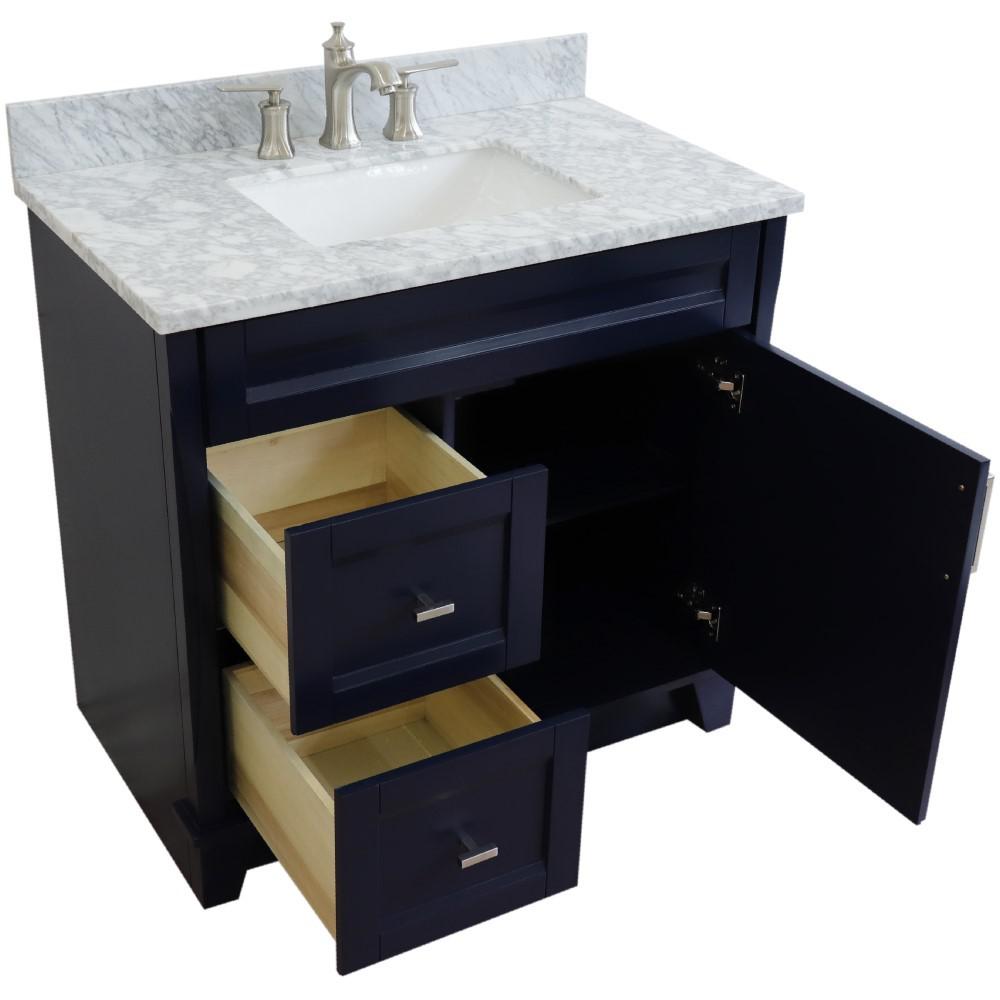 Single sink vanity in Blue with White Carrara marble and rectangle sink. Picture 24
