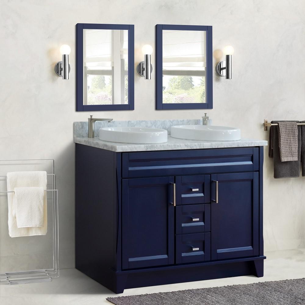 49 Double sink vanity in Blue finish with White Carrara marble and round sink. Picture 2
