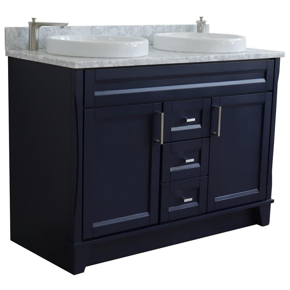 49 Double sink vanity in Blue finish with White Carrara marble and round sink. Picture 4