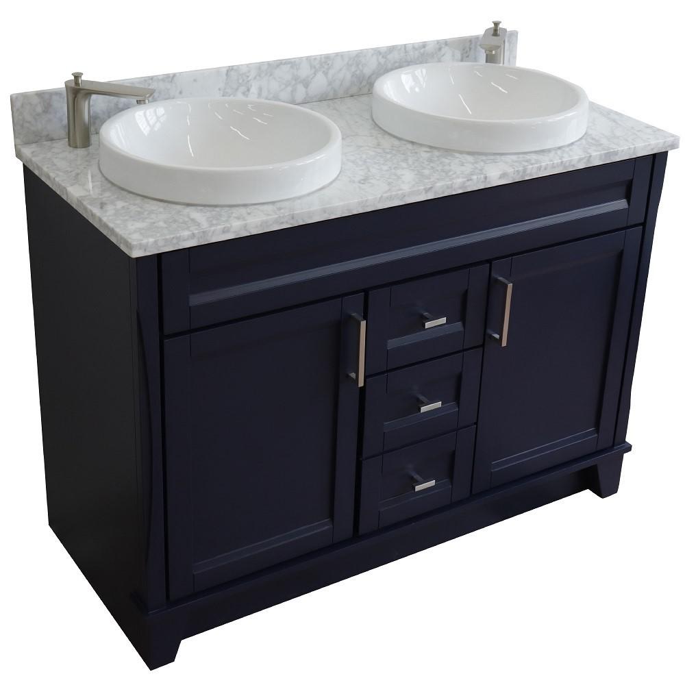 49 Double sink vanity in Blue finish with White Carrara marble and round sink. Picture 9