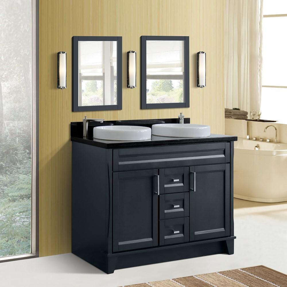 Double sink vanity in Dark Gray with Black galaxy granite and round sink. Picture 2