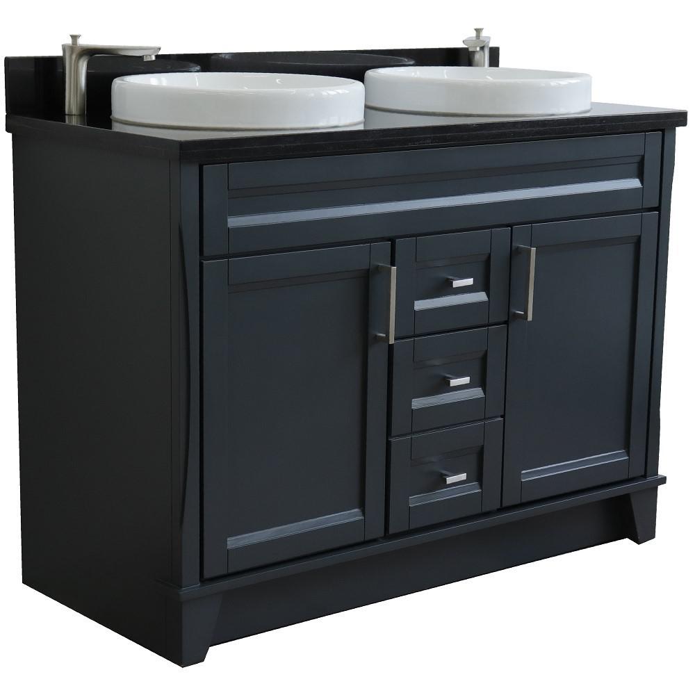 Double sink vanity in Dark Gray with Black galaxy granite and round sink. Picture 4