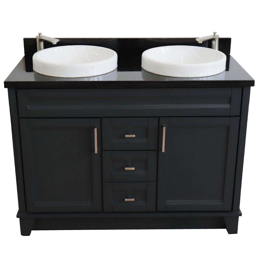 Double sink vanity in Dark Gray with Black galaxy granite and round sink. Picture 8