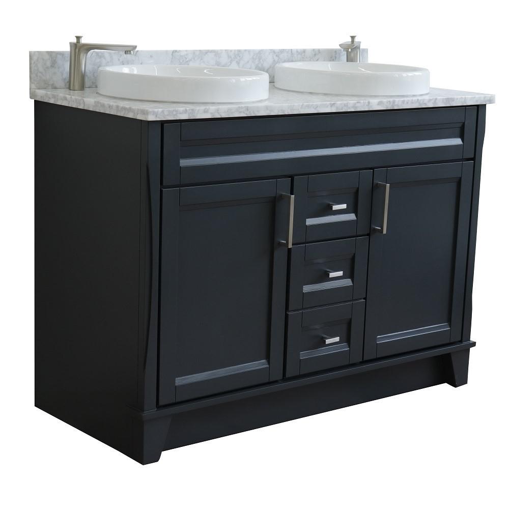 Double sink vanity in Dark Gray with White Carrara marble and round sink. Picture 4