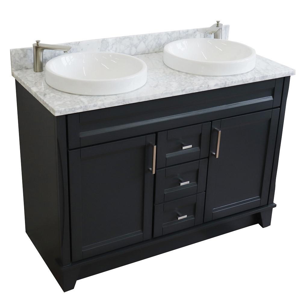 Double sink vanity in Dark Gray with White Carrara marble and round sink. Picture 9