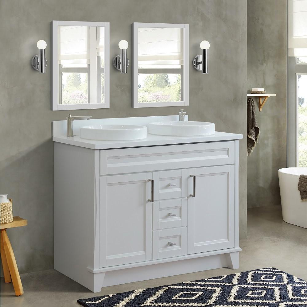 49 Double sink vanity in White finish with White quartz and round sink. Picture 2