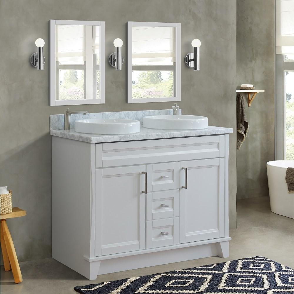 49 Double sink vanity in White finish with White Carrara marble and round sink. Picture 2