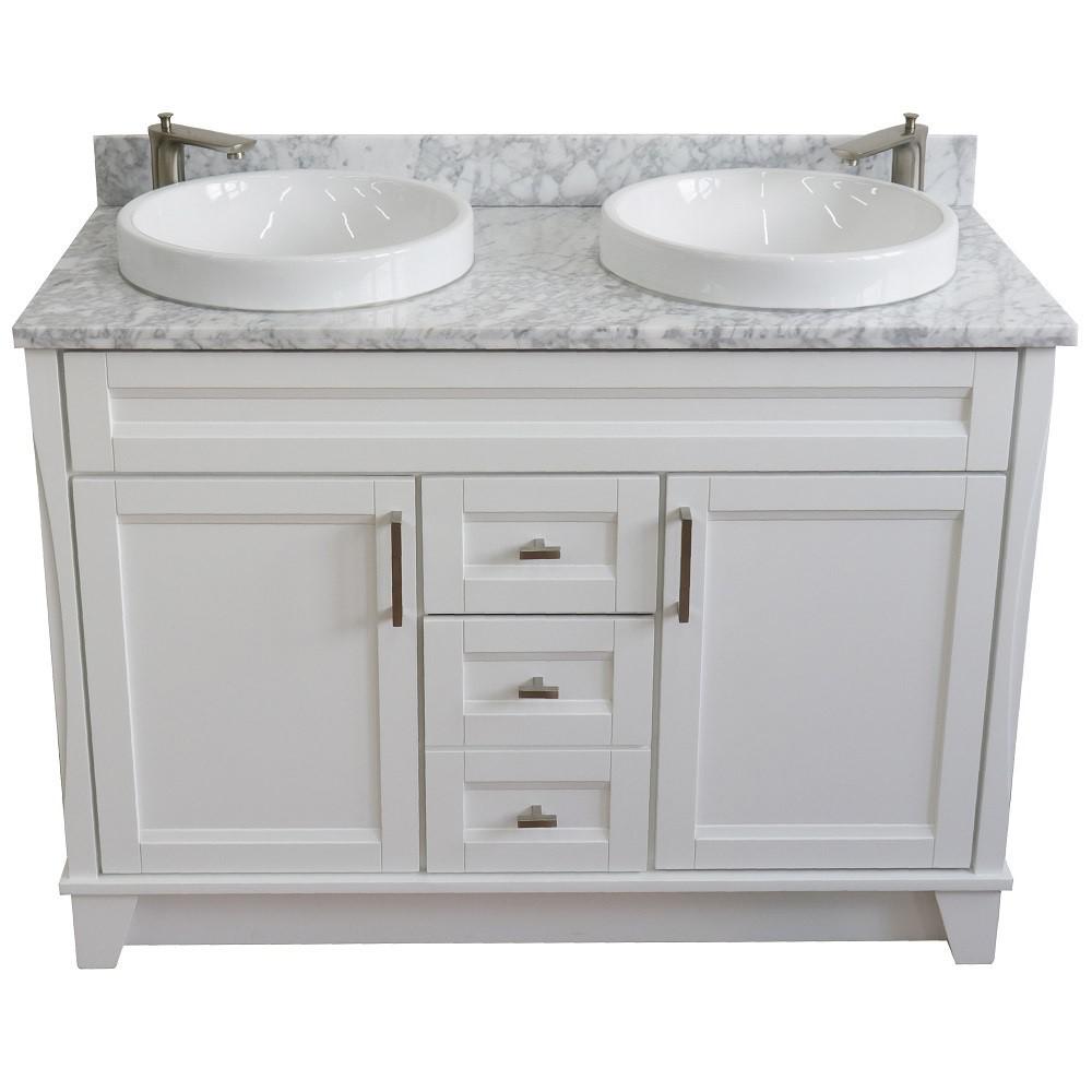 49 Double sink vanity in White finish with White Carrara marble and round sink. Picture 9