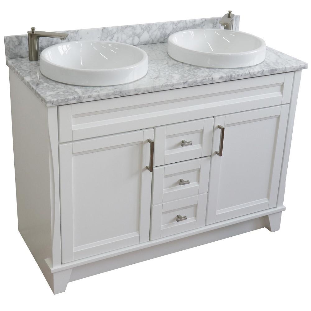 49 Double sink vanity in White finish with White Carrara marble and round sink. Picture 10
