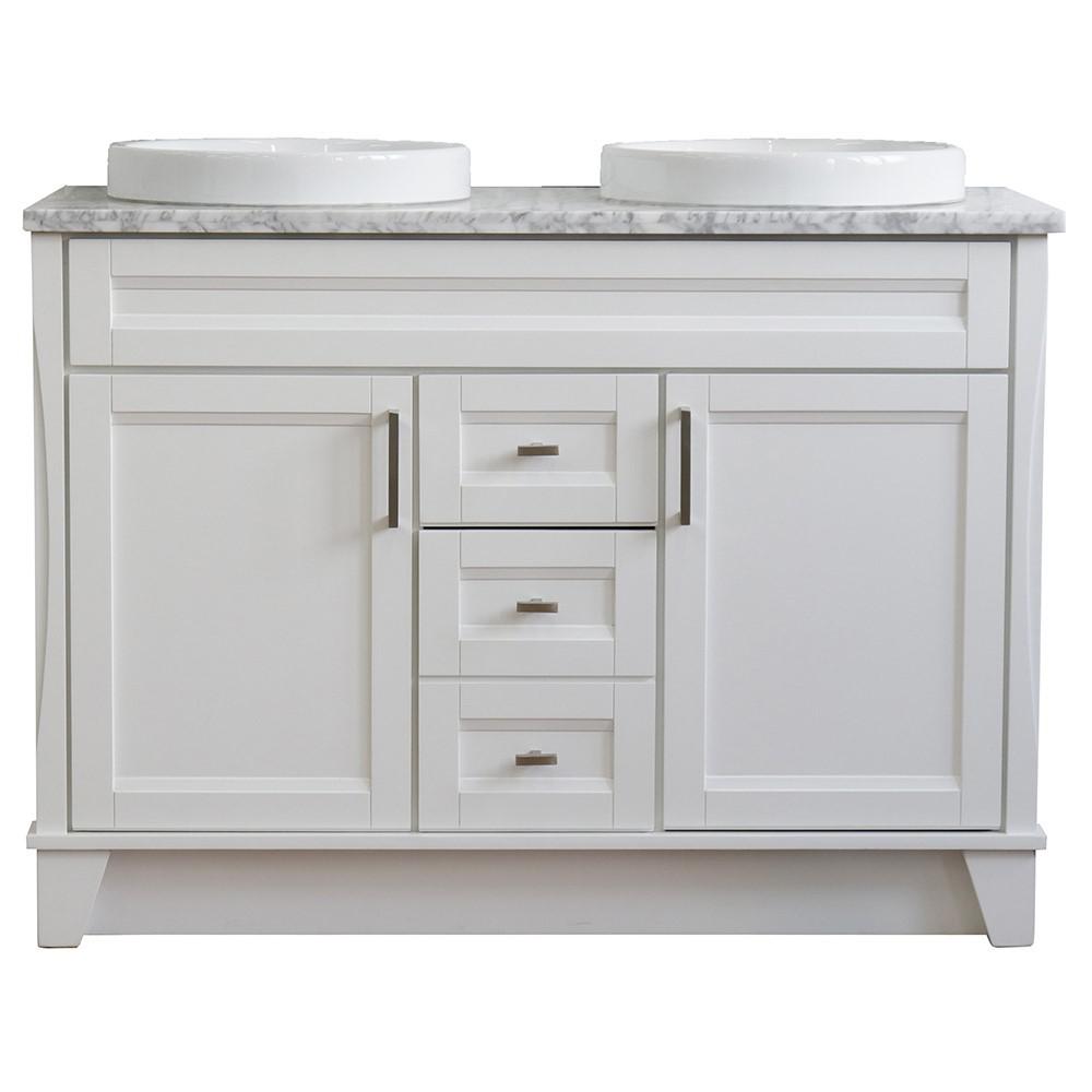 49 Double sink vanity in White finish with White Carrara marble and round sink. Picture 13