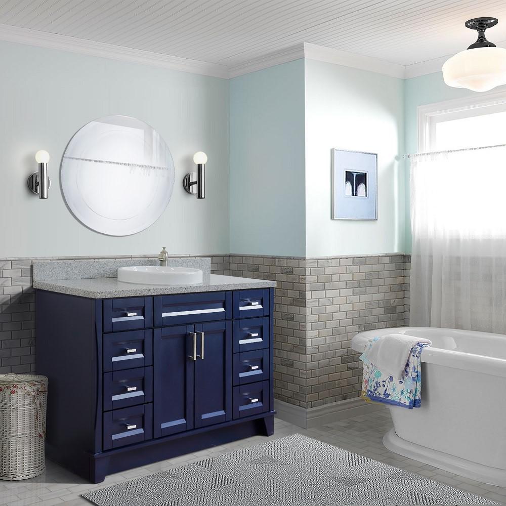 49 Single sink vanity in Blue finish with Gray granite and round sink. Picture 2