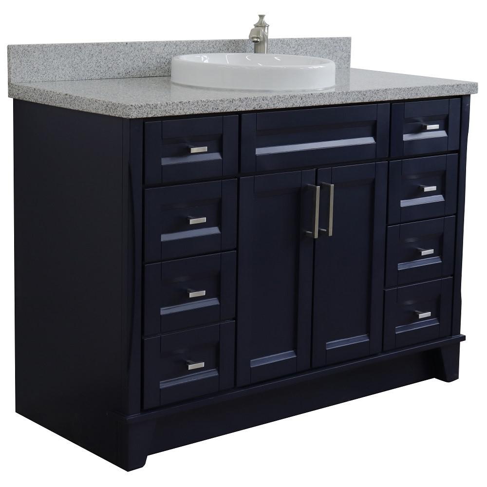 49 Single sink vanity in Blue finish with Gray granite and round sink. Picture 5