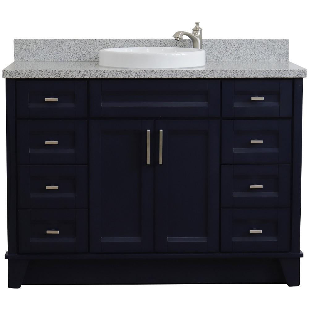 49 Single sink vanity in Blue finish with Gray granite and round sink. Picture 7